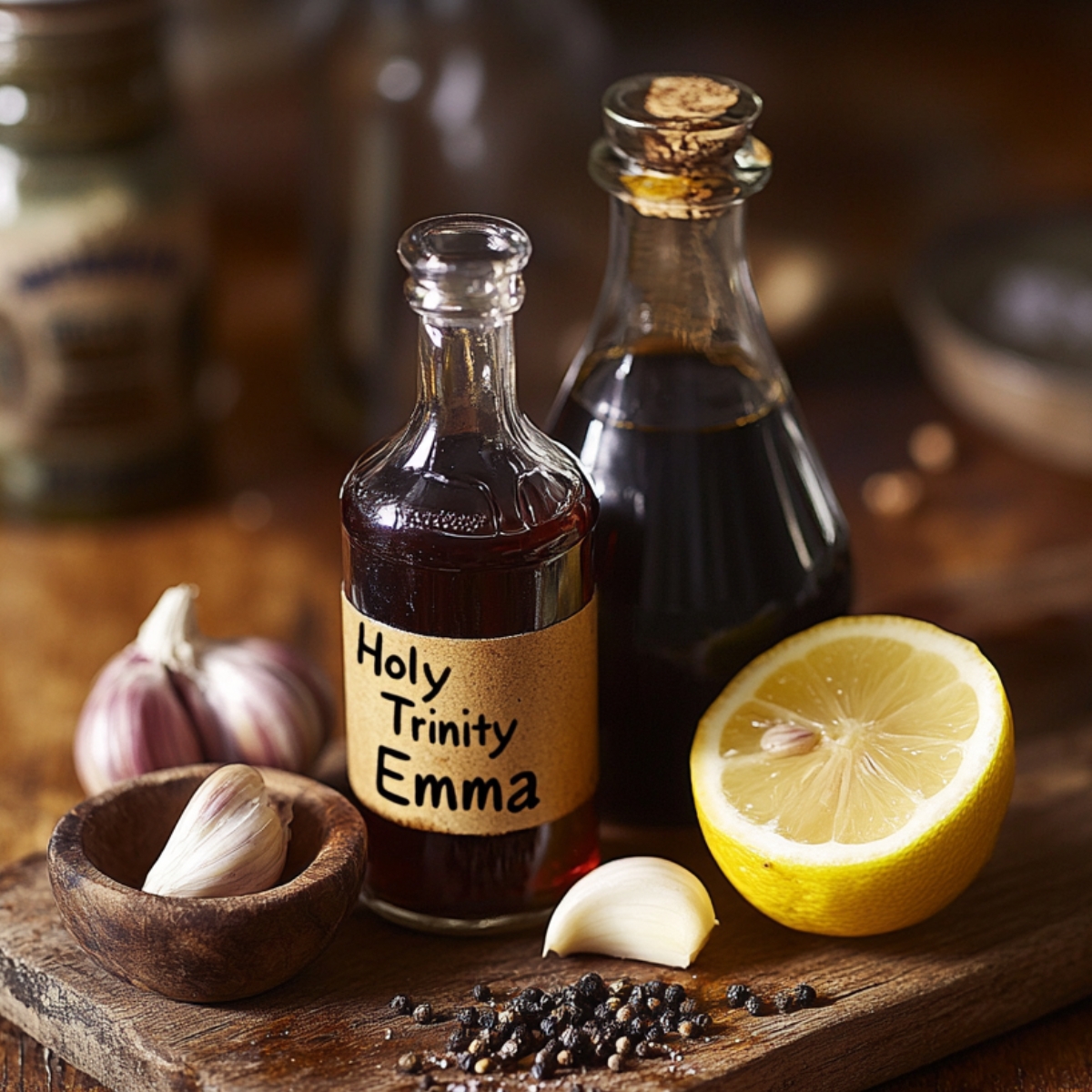 Homemade steak marinade ingredients on a wooden board: garlic cloves, black pepper, half a lemon, and bottles of sauce—one labeled “Holy Trinity Emma”—in a cozy kitchen setting.