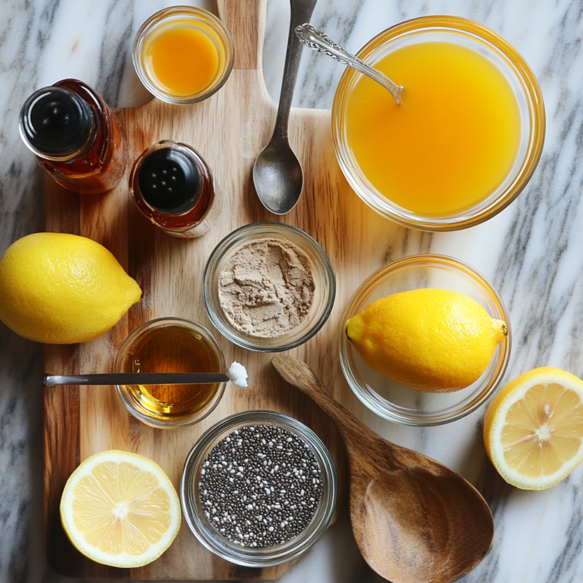 Top-down view of smoothie add-ins including orange juice, lemons, vanilla and almond extract, honey, protein powder, chia seeds, and a wooden spoon on a marble surface.