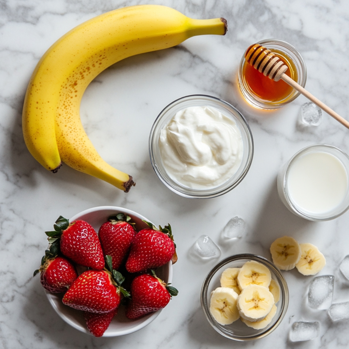 Fresh ingredients for a homemade strawberry banana smoothie, including banana, strawberries, yogurt, milk, honey, banana slices, and ice cubes on a marble countertop.
