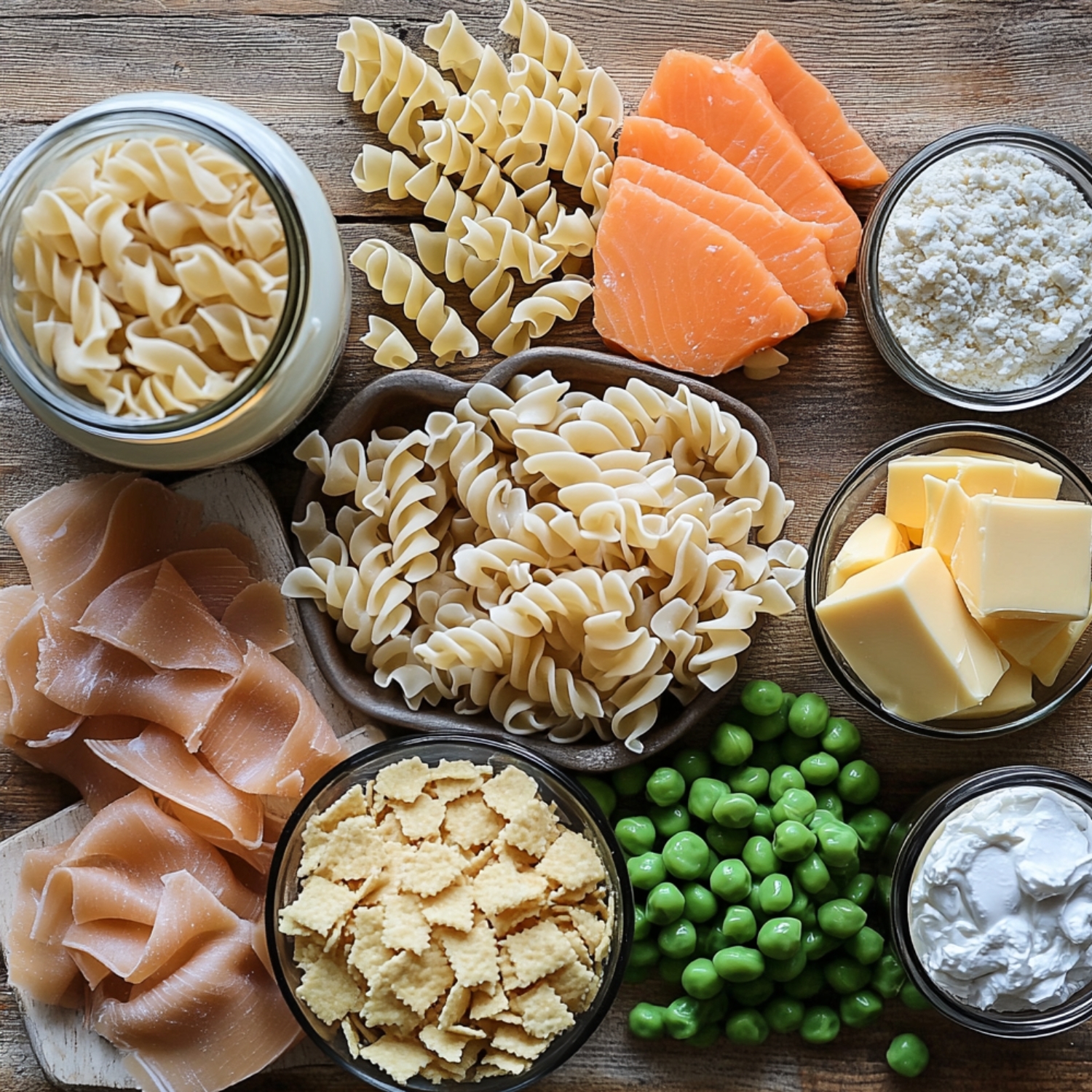 Uncooked pasta, sliced salmon, peas, cheese, sour cream, and toppings arranged in bowls for homemade tuna noodle casserole on a wooden surface.