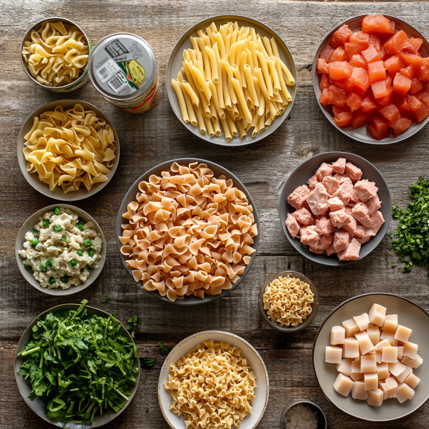 Assorted uncooked noodles, canned tuna, salmon, peas, and greens arranged in bowls on a rustic wooden surface for homemade tuna noodle casserole.