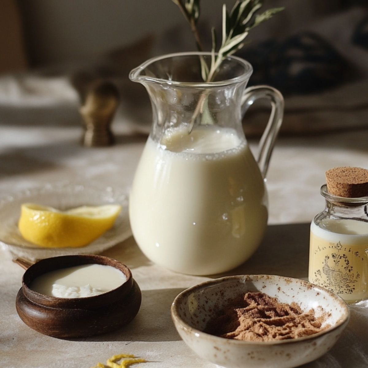 Buttermilk, cinnamon, almond extract, Greek yogurt, and lemon zest on a rustic kitchen counter in natural light.