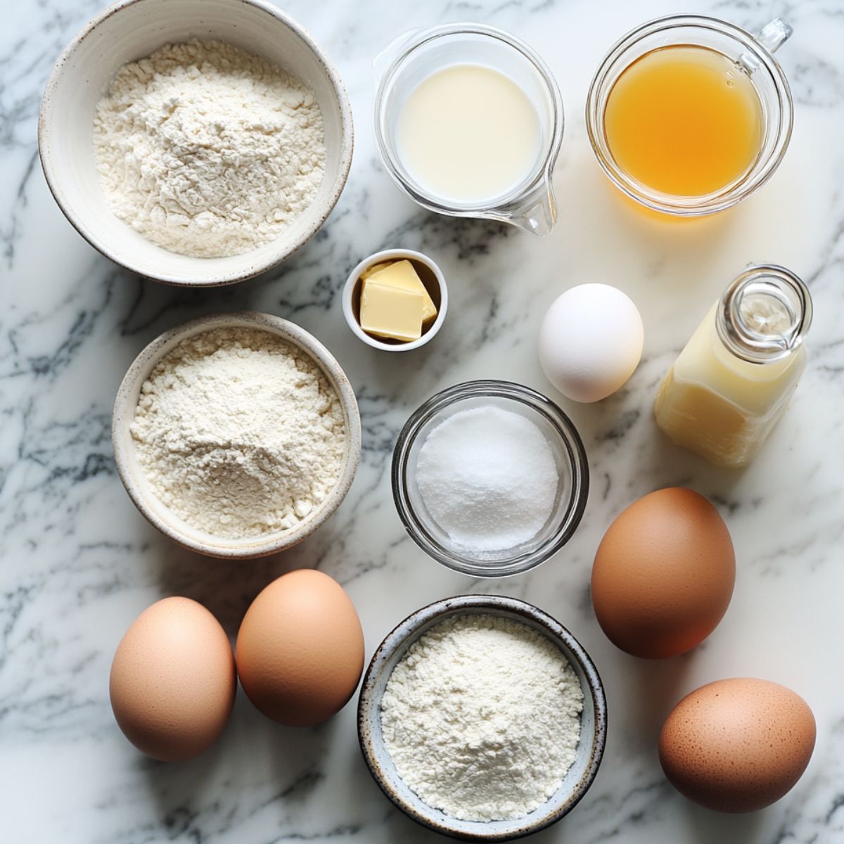 Waffle ingredients on a marble countertop, including flour, sugar, eggs, milk, melted butter, and vanilla extract in ceramic and glass bowls.