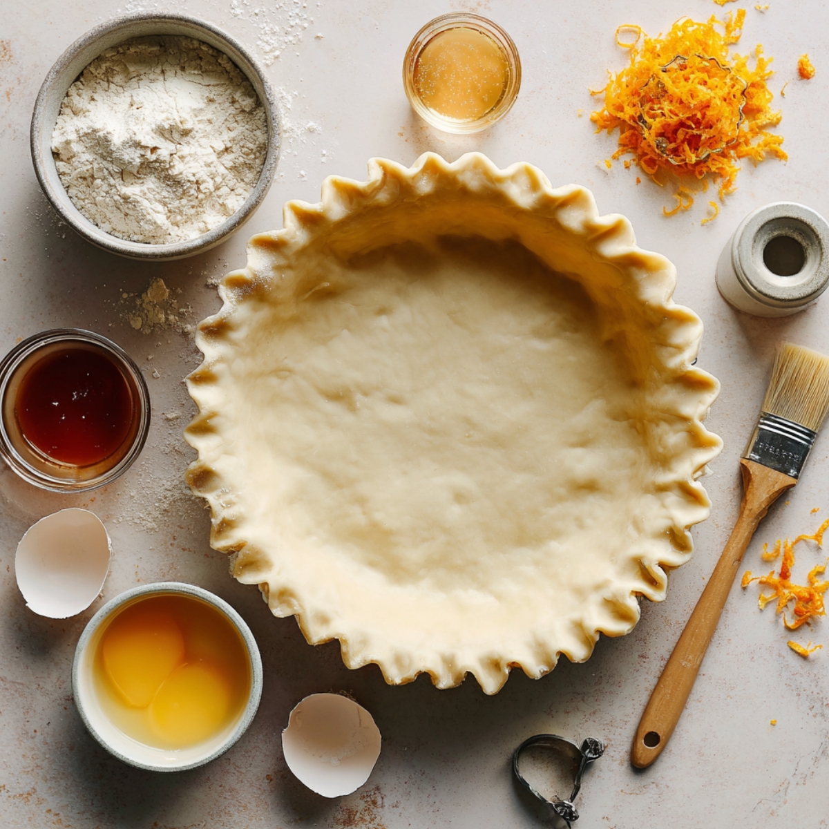 Overhead view of a raw homemade pie crust in a glass dish, surrounded by baking ingredients like flour, eggs, orange zest, maple syrup, and egg wash, with a pastry brush and broken eggshells on a lightly floured surface.