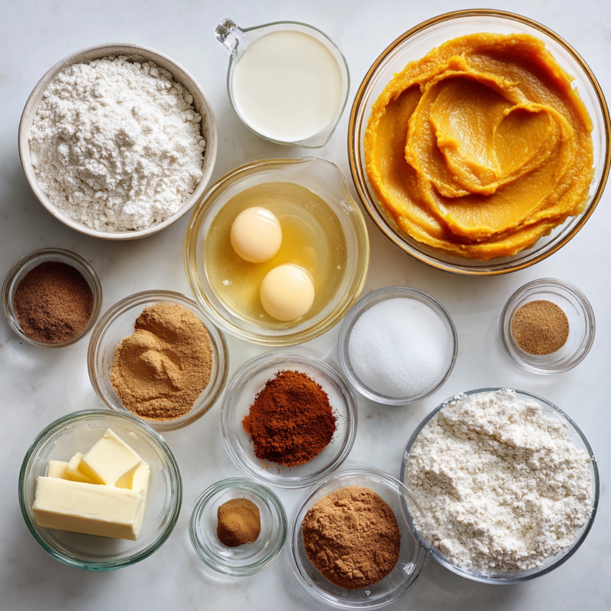 Top-down view of homemade pumpkin pie ingredients on a white counter: pumpkin puree, eggs, milk, flour, butter, sugar, and assorted ground spices in glass bowls.