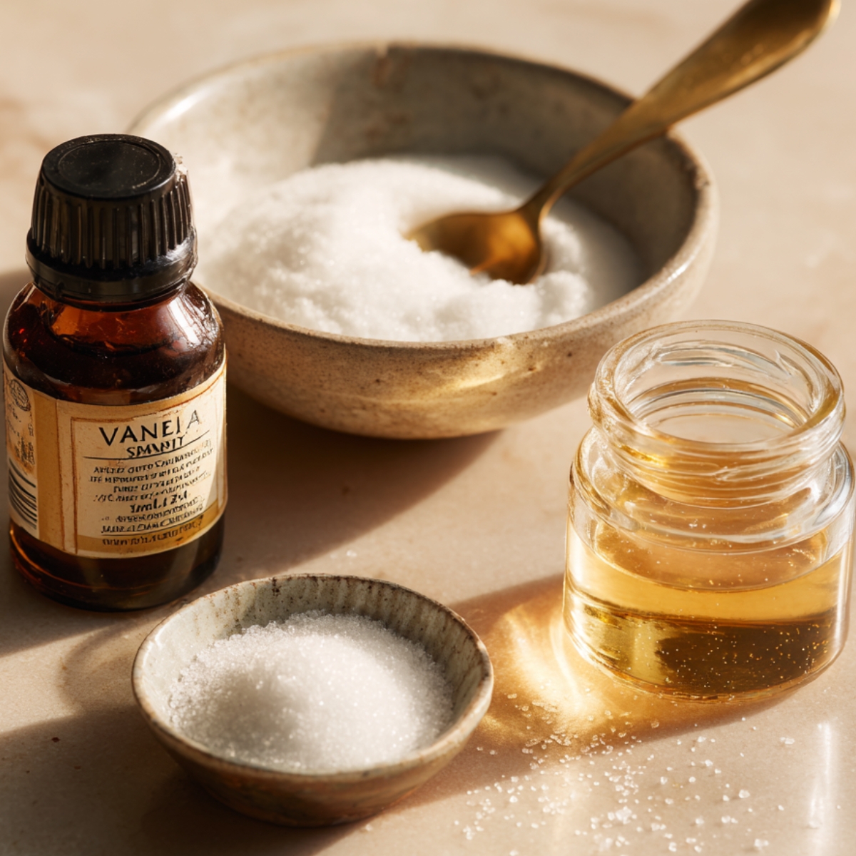 Vanilla extract bottle, bowl of sugar with spoon, small dish of sugar, and jar of simple syrup on a sunlit kitchen counter.