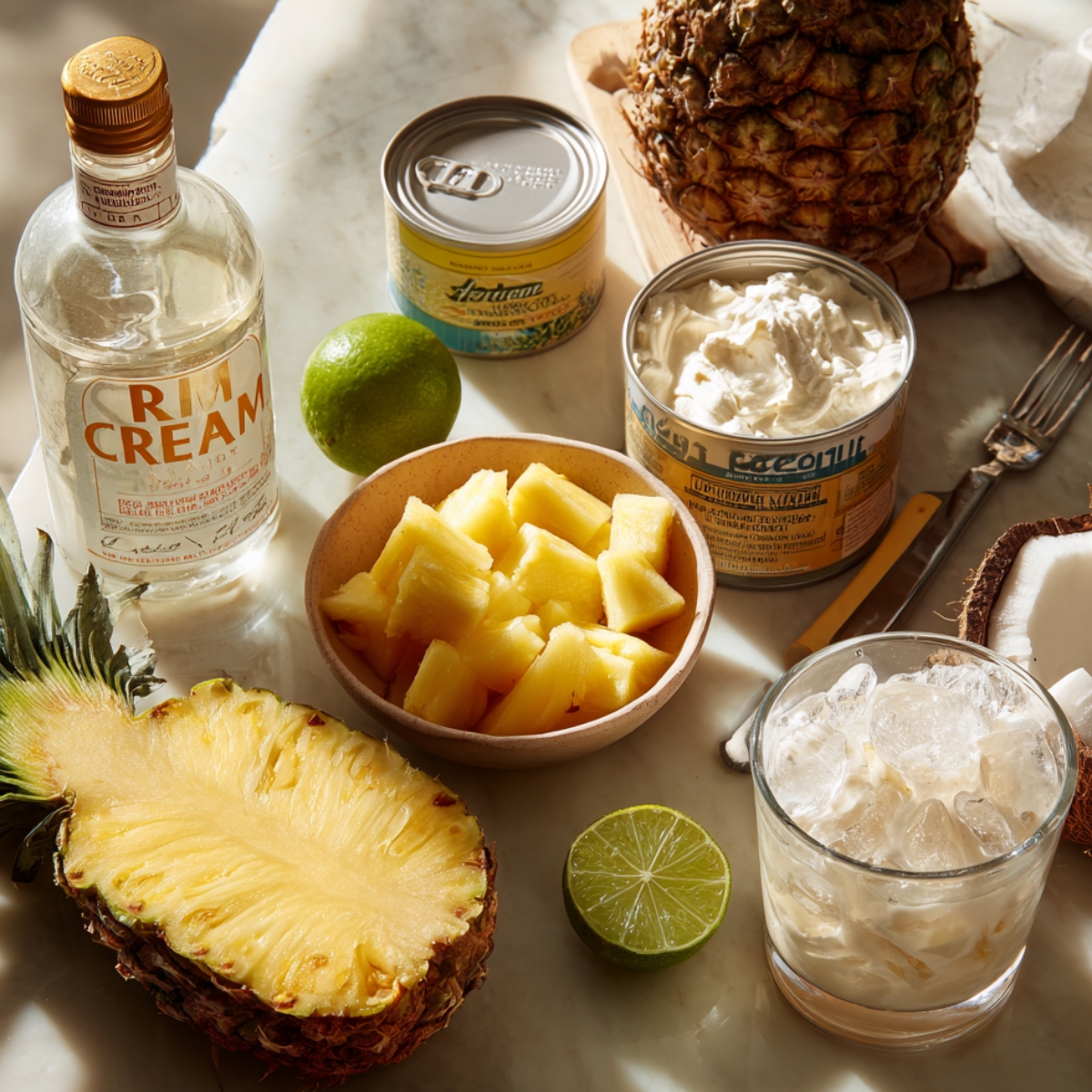 White rum bottle, coconut cream, pineapple chunks, halved pineapple, lime, ice glass, and coconut on a marble counter in natural light.