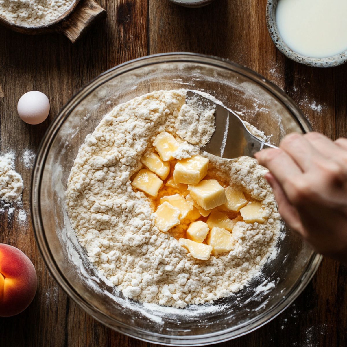 Cold butter cubes being cut into flour with a pastry blender in a glass bowl, surrounded by milk, an egg, and a peach on a wooden kitchen surface.