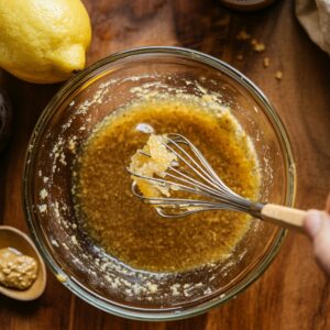 Whisking steak marinade in a glass bowl with visible garlic, brown sugar, and mustard, on a wooden countertop with a lemon nearby.