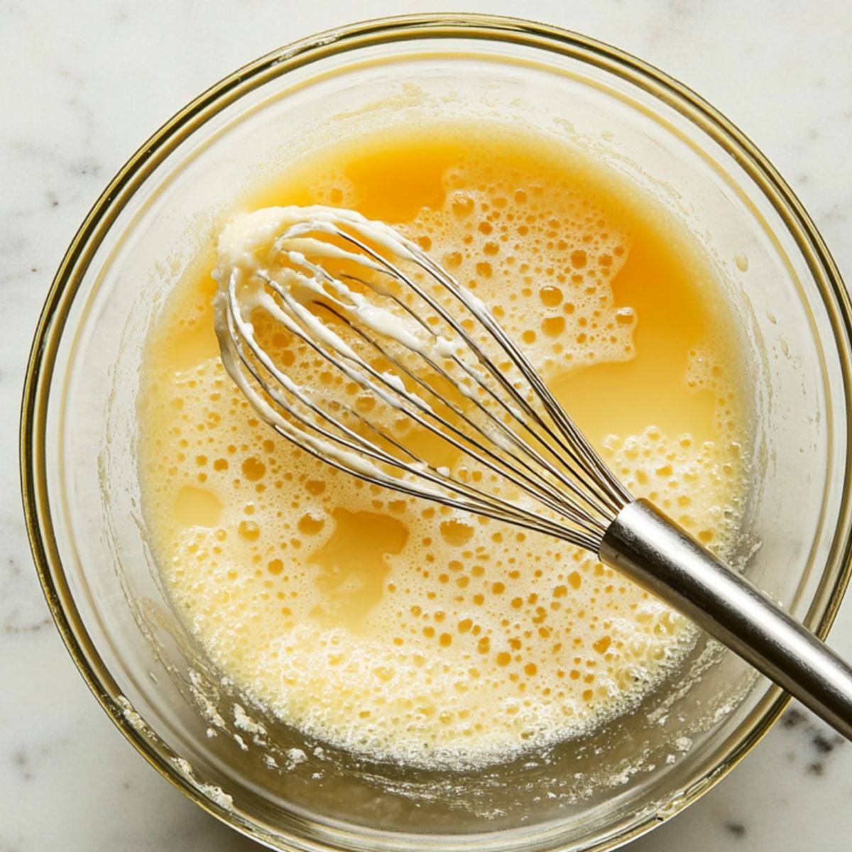 Whisk resting in a glass bowl filled with smooth, pale yellow wet carrot cake batter, freshly mixed on a marble countertop.