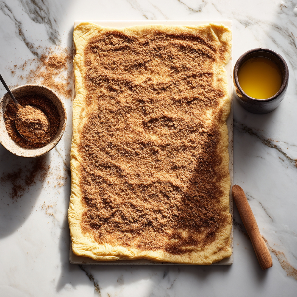 Rolled-out dough covered in cinnamon sugar on a marble counter, with a bowl of extra filling, melted butter, and a small wooden tool nearby.