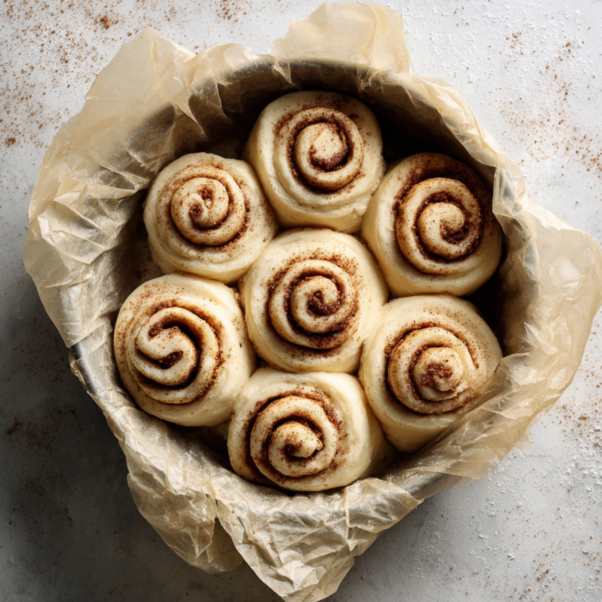 Unbaked cinnamon rolls in a parchment-lined round pan, tightly swirled with cinnamon-sugar and ready to bake, on a lightly dusted countertop.