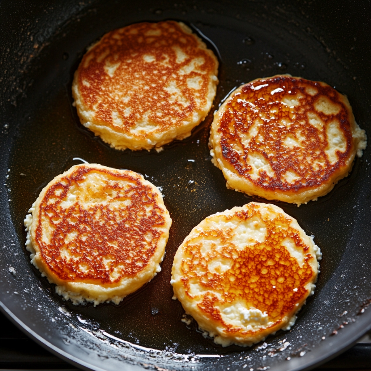 Four golden-brown cottage cheese pancakes sizzling in oil in a black non-stick pan, with crisp edges and a soft, fluffy center, mid-cook on a stovetop.