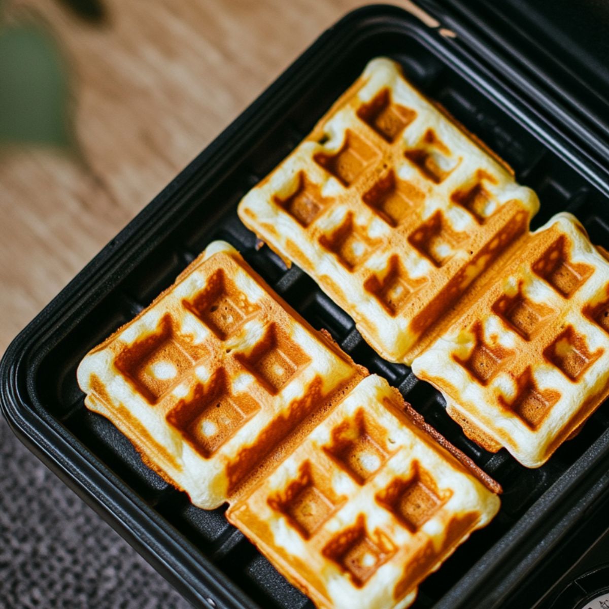 Golden homemade waffles cooking in a waffle iron, with crisp edges and light centers, just finished baking in a cozy home kitchen setting.