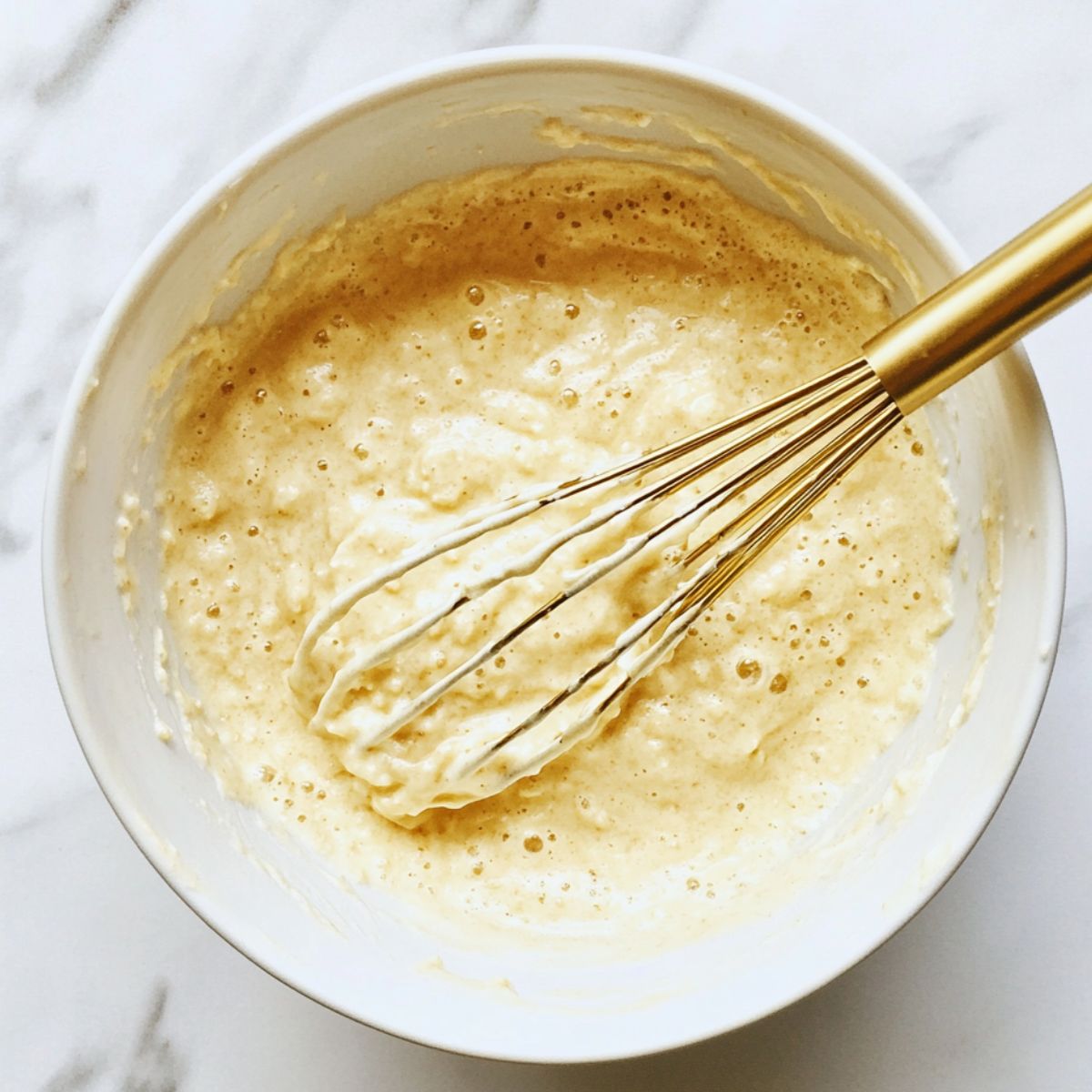 Waffle batter just mixed in a white bowl with a golden whisk, showing a light, airy texture and small bubbles on top, ready to rest.