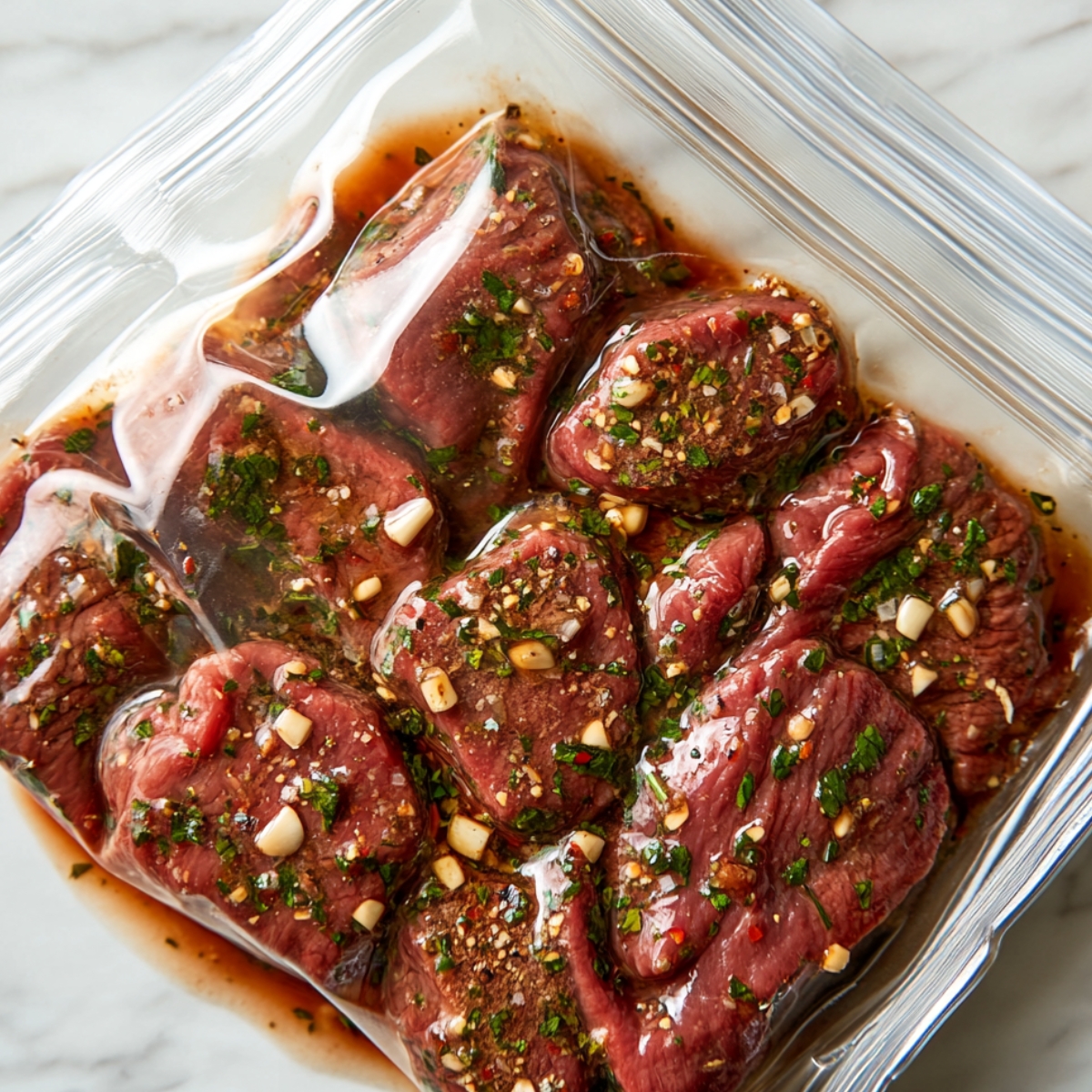Raw steak pieces marinating in a zip-top bag with garlic, herbs, and spices on a marble counter.