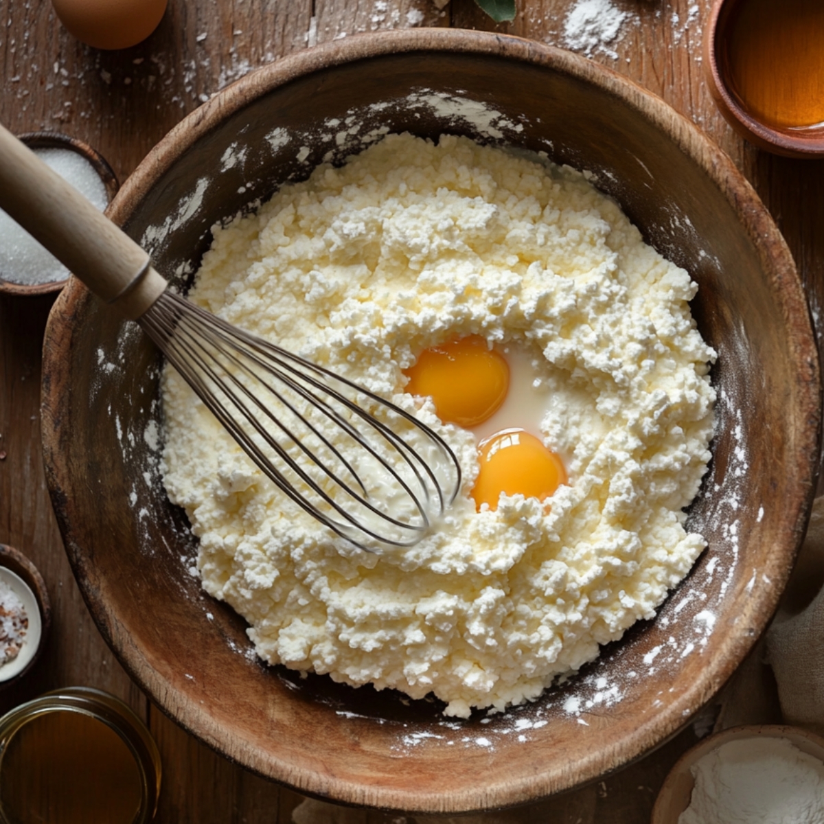 Cottage cheese and raw eggs in a wooden mixing bowl with a metal whisk, surrounded by baking ingredients on a rustic wooden surface, ready for pancake batter preparation.