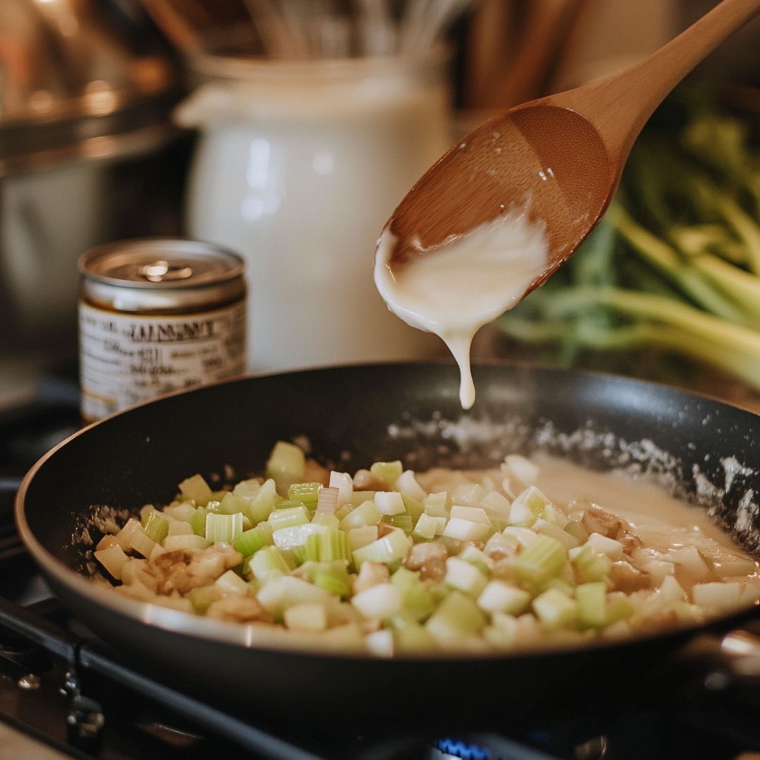 Sautéed celery and onions in a skillet with creamy sauce for tuna noodle casserole, stirred with a wooden spoon.