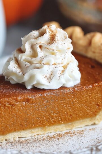 A slice of homemade pumpkin pie with a flaky crust, topped with whipped cream and cinnamon, on a white decorative plate with a coffee mug and warm autumn colors in the blurred background.