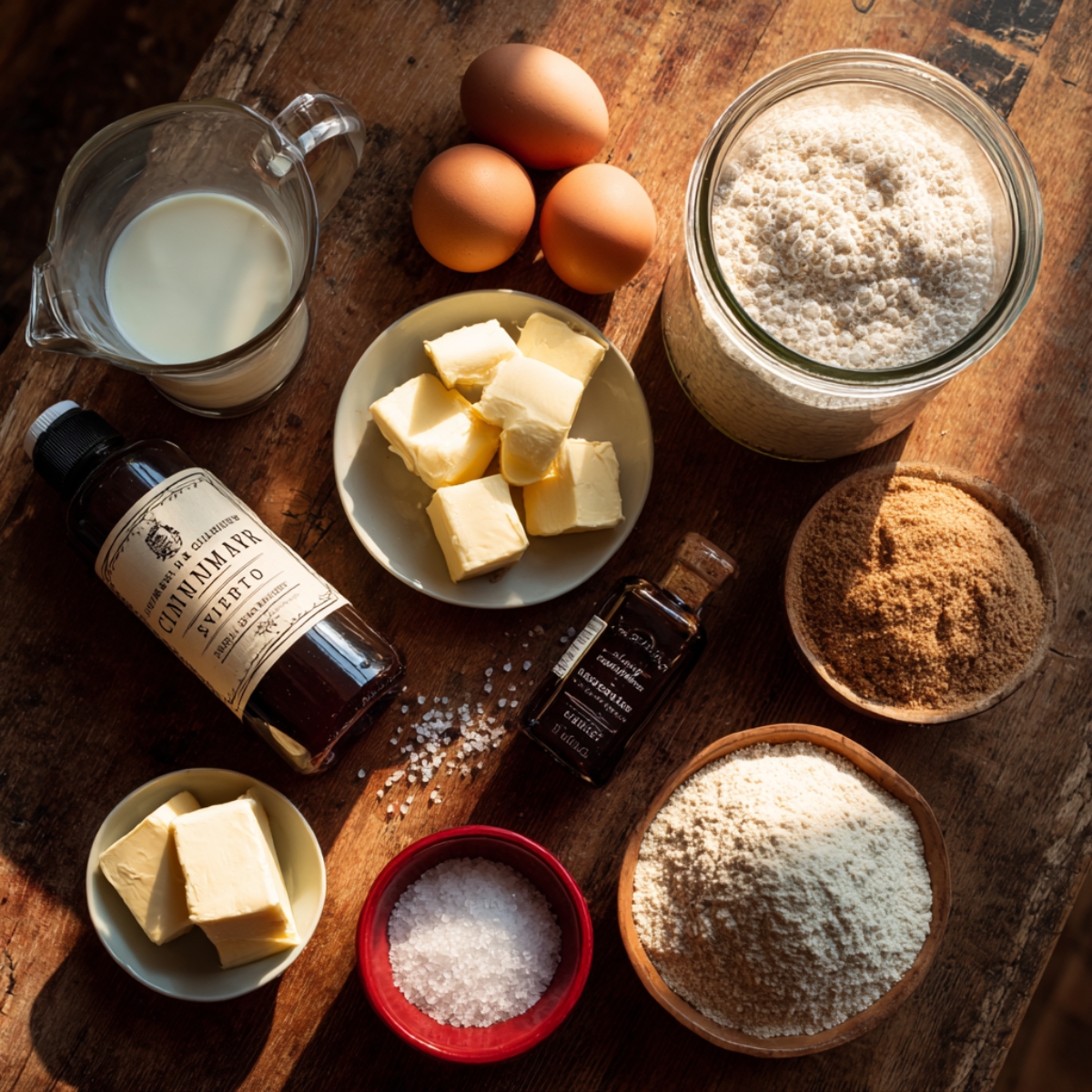 A rustic flat lay of sourdough cinnamon roll ingredients on a wooden table, including bubbly starter, eggs, milk, butter, flour, brown sugar, vanilla, cinnamon syrup, and coarse salt in warm natural light.