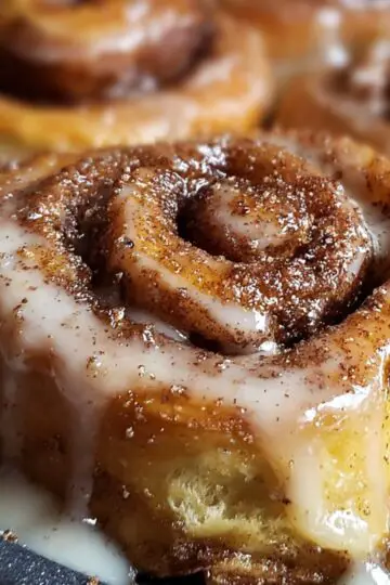 Homemade sourdough cinnamon rolls with gooey vanilla glaze dripping over soft, golden-brown swirls of cinnamon sugar.