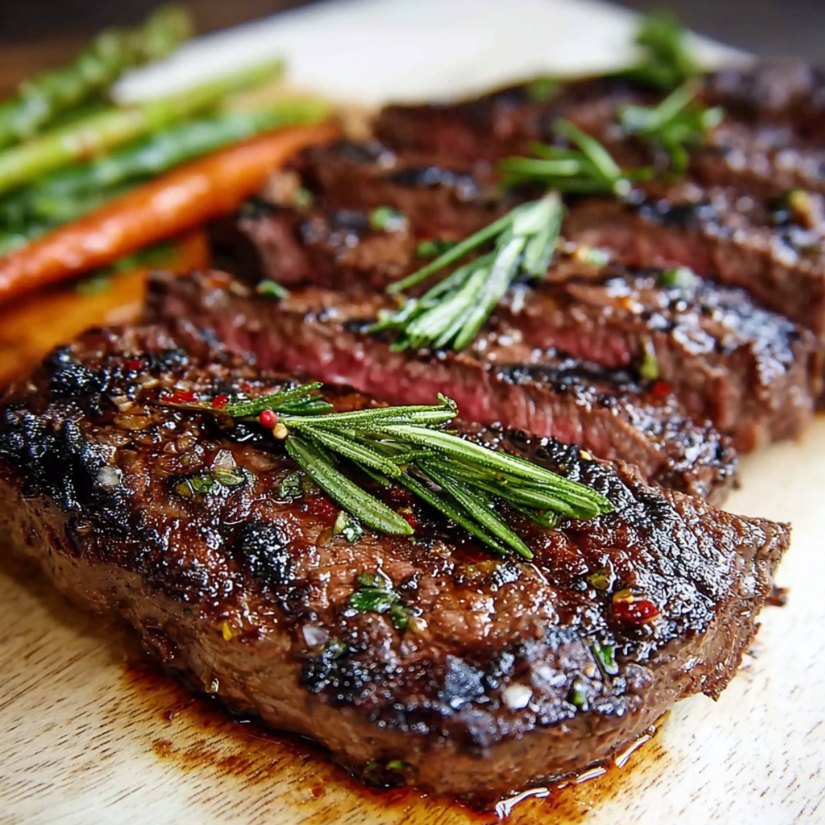 Sliced grilled Steak Marinade with a glossy herb marinade, topped with rosemary, served with roasted carrots and asparagus on a wooden board.
