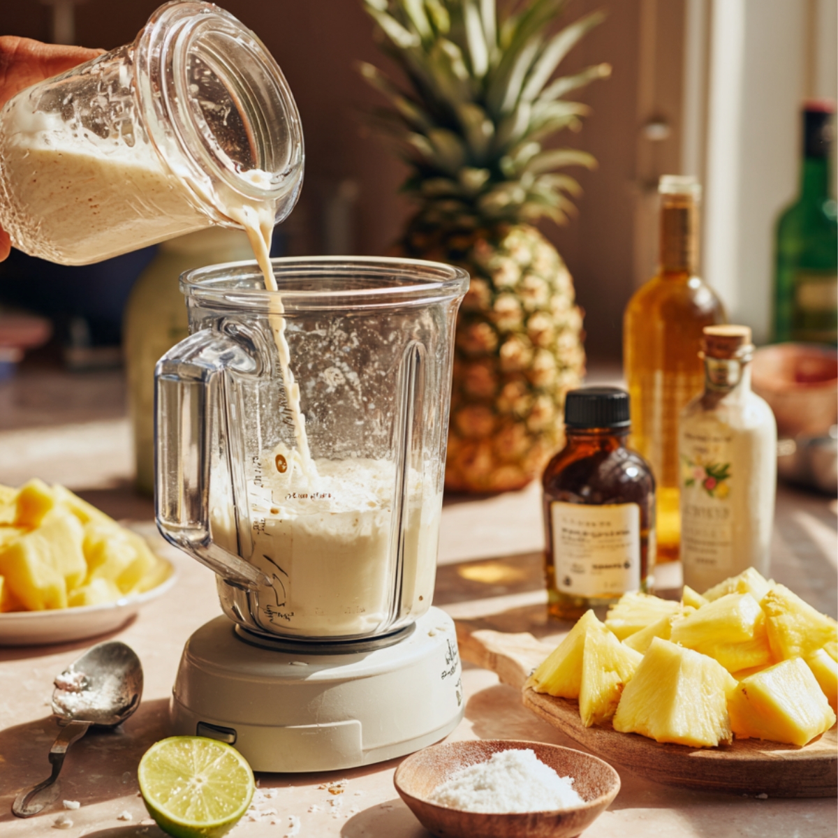 Coconut cream poured into blender with pineapple, lime, and vanilla extract on a sunny kitchen counter.