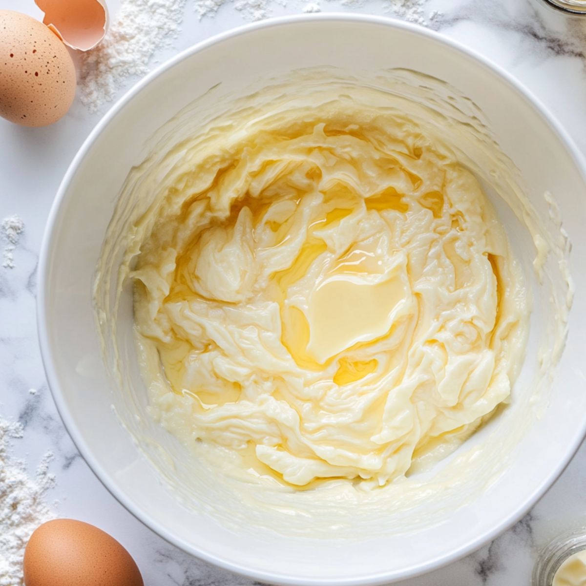 Wet waffle ingredients mixed in a white bowl with melted butter swirled in, surrounded by eggs, flour, and a cracked shell on a marble counter.