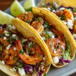 Three corn tortillas filled with grilled Shrimp Tacos, shredded cabbage, avocado, cilantro, and crumbled cheese, with lime wedges visible in the background