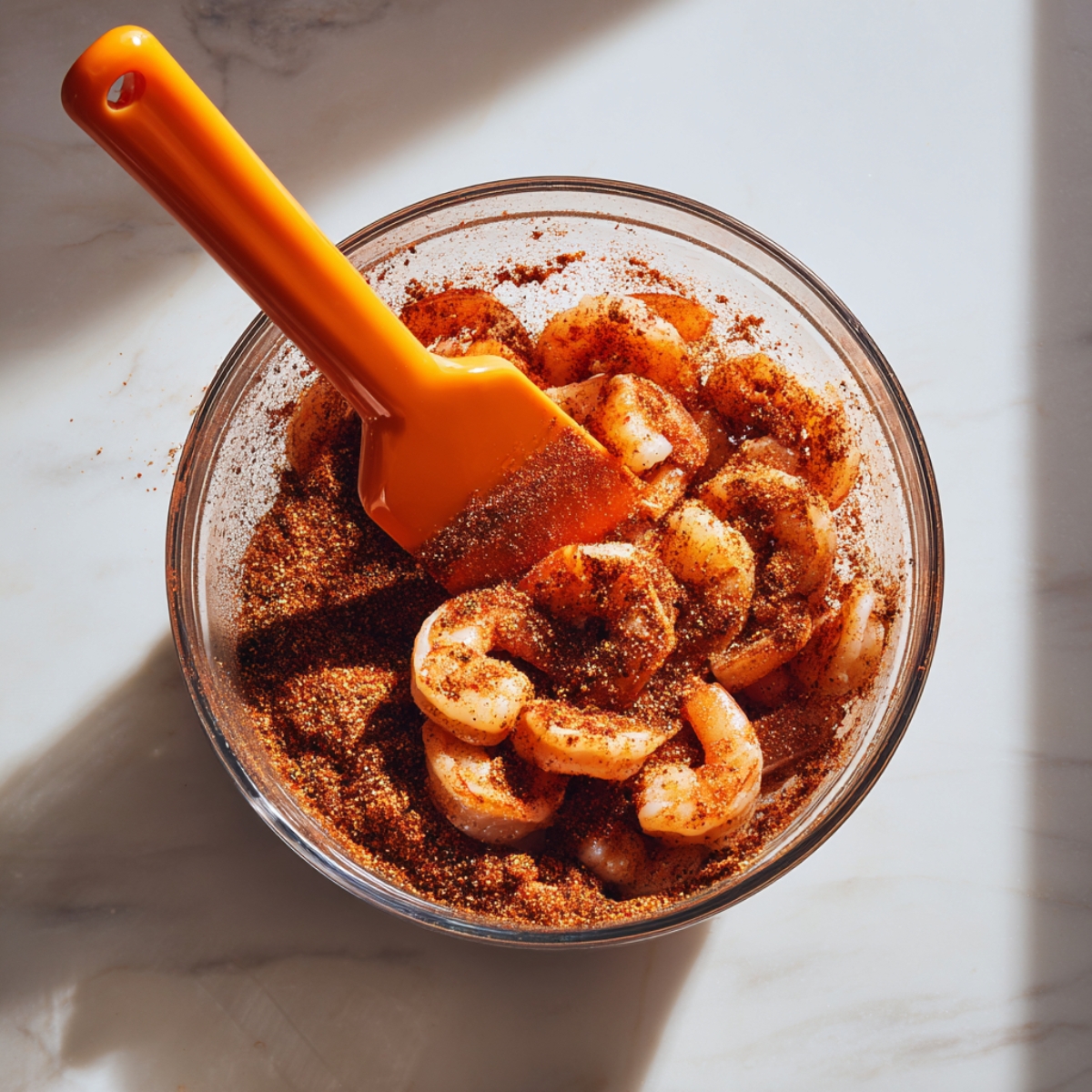 Overhead shot of a clear glass bowl of raw shrimp tossed in a red-brown chili-cumin-paprika spice blend, being stirred with an orange silicone spatula on marble.