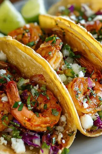 Three corn tortillas filled with grilled Shrimp Tacos, shredded cabbage, avocado, cilantro, and crumbled cheese, with lime wedges visible in the background