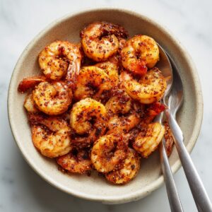 A speckled ceramic bowl filled with perfectly seared, spice-coated shrimp and two stainless steel serving spoons, set on a white marble countertop.
