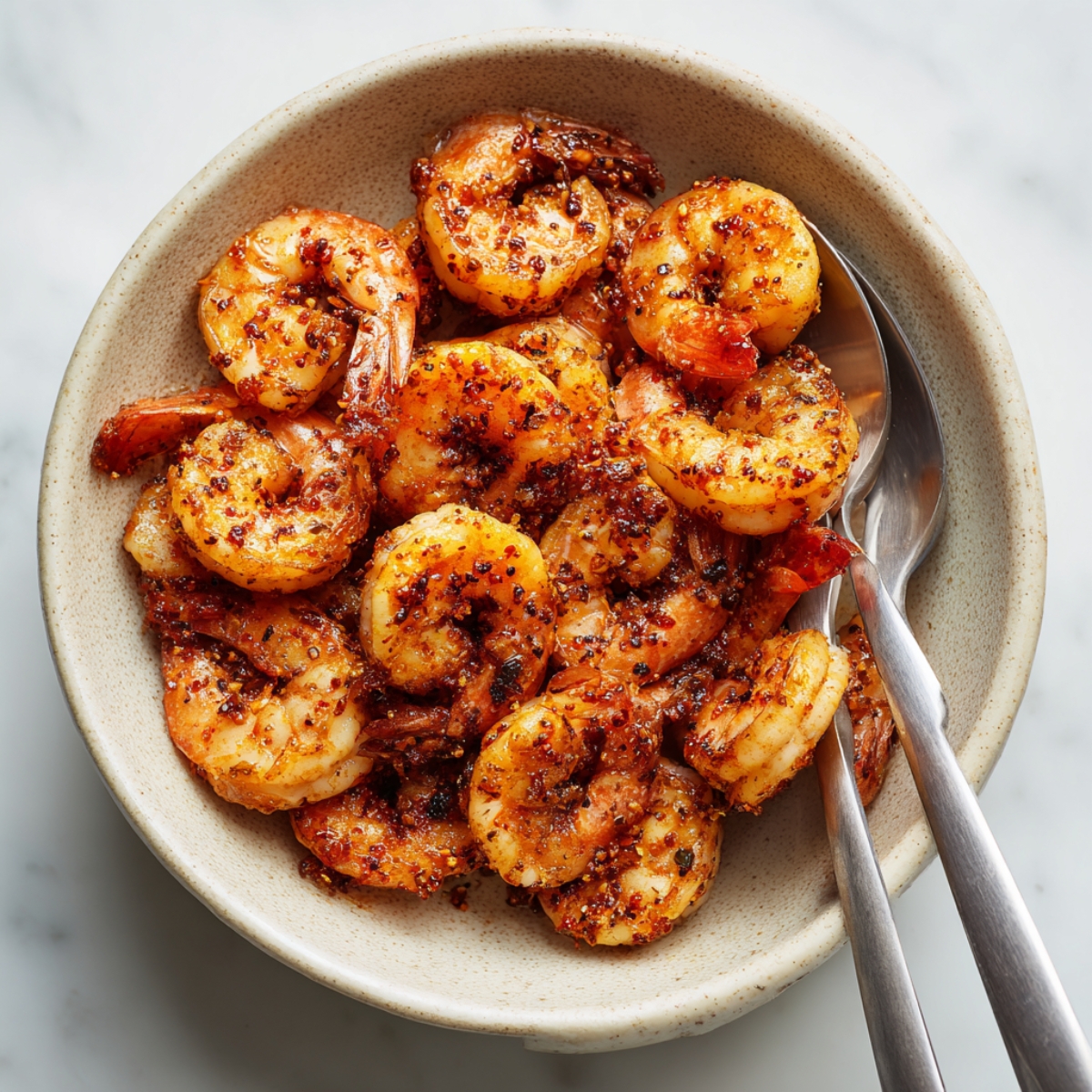 A speckled ceramic bowl filled with perfectly seared, spice-coated shrimp and two stainless steel serving spoons, set on a white marble countertop.