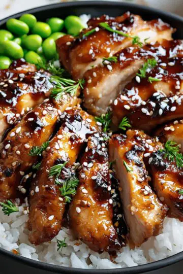 A black ceramic bowl of steamed white rice topped with sliced, glossy teriyaki chicken sprinkled with sesame seeds and herbs, a cluster of bright edamame at the rim, and a small wooden bowl of extra sauce on a white marble surface under soft natural light.