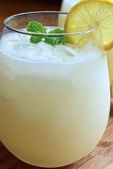 A glass of creamy Brazilian lemonade with ice, garnished with a lemon slice and mint, on a wooden surface with lemon and lime slices in the background.