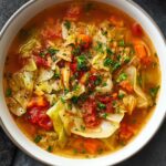 Homemade cabbage soup with carrots, tomatoes, and herbs in a white bowl, garnished with fresh parsley and black pepper on a dark table.