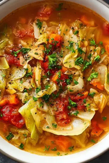 Homemade cabbage soup with carrots, tomatoes, and herbs in a white bowl, garnished with fresh parsley and black pepper on a dark table.