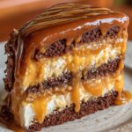 A close-up of a three-layer caramel cake slice on a white plate: moist vanilla sponge layered with rich caramel frosting, glossy caramel sauce dripping down the sides, piped frosting rosettes at the base, and chopped pecans sprinkled on top, all against a warm, wood-tone background.