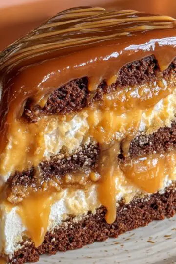 A close-up of a three-layer caramel cake slice on a white plate: moist vanilla sponge layered with rich caramel frosting, glossy caramel sauce dripping down the sides, piped frosting rosettes at the base, and chopped pecans sprinkled on top, all against a warm, wood-tone background.