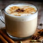 A clear glass mug of homemade chai tea latte on a wooden board, filled with creamy light-brown spiced tea and topped with a thick layer of white foam dusted with ground cinnamon. A single star anise floats at the center of the foam. Beside the mug lie two cinnamon sticks, a few loose green cardamom pods, and an extra star anise, all resting on the warm-toned wood surface.