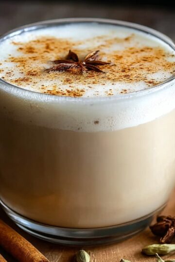 A clear glass mug of homemade chai tea latte on a wooden board, filled with creamy light-brown spiced tea and topped with a thick layer of white foam dusted with ground cinnamon. A single star anise floats at the center of the foam. Beside the mug lie two cinnamon sticks, a few loose green cardamom pods, and an extra star anise, all resting on the warm-toned wood surface.