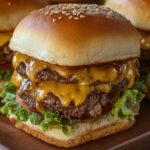 A close-up of three homemade cheeseburger sliders on a dark wooden board. Each slider has a sesame-seed-topped brioche bun, a juicy beef patty folded with melted sharp cheddar, crisp green leaf lettuce, and a ripe tomato slice. In the background, golden crinkle-cut fries peek out, all bathed in warm, natural light that highlights the cheese’s glossy drips and the toasted bun’s sheen.