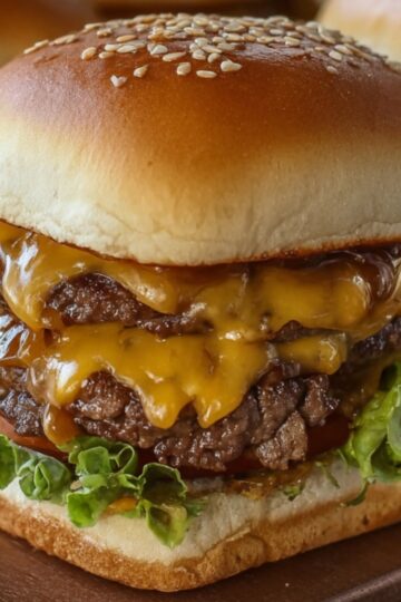 A close-up of three homemade cheeseburger sliders on a dark wooden board. Each slider has a sesame-seed-topped brioche bun, a juicy beef patty folded with melted sharp cheddar, crisp green leaf lettuce, and a ripe tomato slice. In the background, golden crinkle-cut fries peek out, all bathed in warm, natural light that highlights the cheese’s glossy drips and the toasted bun’s sheen.