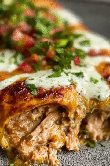 Three homemade chicken enchiladas in a dark baking dish, smothered in red sauce and melted cheese, topped with a dollop of sour cream, cilantro, and diced red onion.
