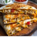 Three golden-browned chicken quesadilla wedges on a wooden board, showing gooey cheddar, shredded chicken, red pepper bits, and cilantro flecks. In the background, ramekins of sour cream and salsa are softly blurred.