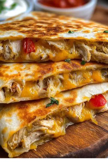 Three golden-browned Chicken Quesadilla recipe wedges on a wooden board, showing gooey cheddar, shredded chicken, red pepper bits, and cilantro flecks. In the background, ramekins of sour cream and salsa are softly blurred.