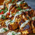 A close-up, overhead shot of rustic homemade chicken shawarma: golden-brown, irregularly chopped chicken pieces with charred edges piled on a warm wooden cutting board, drizzled generously with a thick, creamy white garlic-yogurt sauce streaked with tiny flecks of green herbs. Bright red tomato chunks peek out from beneath the chicken, and fresh, roughly chopped parsley is sprinkled on top. The chicken’s spice rub glistens with oil, showing shades of deep amber, orange, and mahogany. The board sits on a dark, slightly blurred tabletop, lending a cozy, homemade feel.