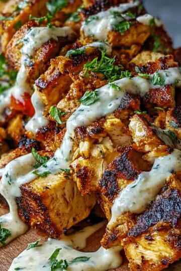 A close-up, overhead shot of rustic homemade chicken shawarma: golden-brown, irregularly chopped chicken pieces with charred edges piled on a warm wooden cutting board, drizzled generously with a thick, creamy white garlic-yogurt sauce streaked with tiny flecks of green herbs. Bright red tomato chunks peek out from beneath the chicken, and fresh, roughly chopped parsley is sprinkled on top. The chicken’s spice rub glistens with oil, showing shades of deep amber, orange, and mahogany. The board sits on a dark, slightly blurred tabletop, lending a cozy, homemade feel.