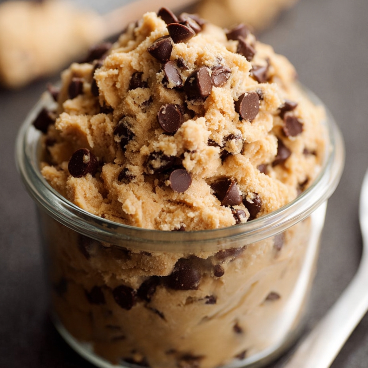 An overhead view of three generous scoops of homemade cookie dough ice cream nestled in a simple white bowl. The off-white, creamy base is studded with irregular dark chocolate cookie bits. A vintage silver spoon rests against the side, and a few extra cookie crumbs are scattered on the gray stone surface around the bowl.