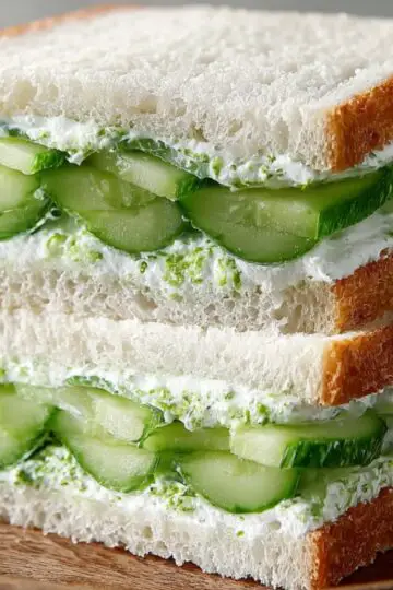 A homemade cucumber sandwich with soft white bread, thinly sliced fresh cucumbers, and a creamy spread, stacked neatly with a golden-brown crust on the outside.